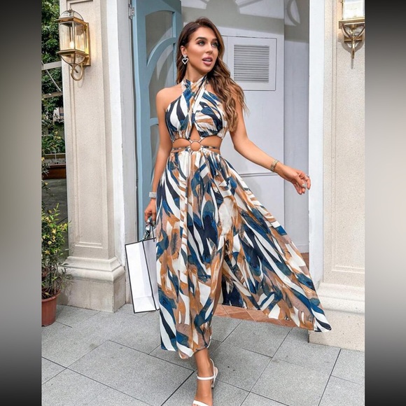 Allover Print Tie Backless Halter Dress Without Belt - Picture 2 of 5